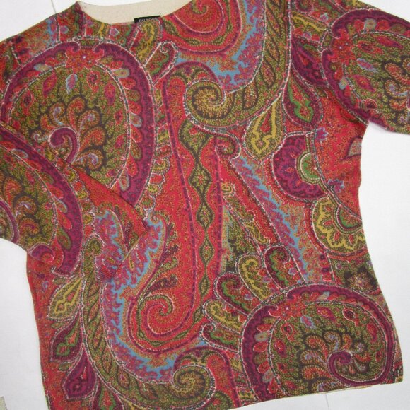 Paisley CASHMERE Pullover Knit Sweater Red Crew Cuddly - Picture 1 of 9